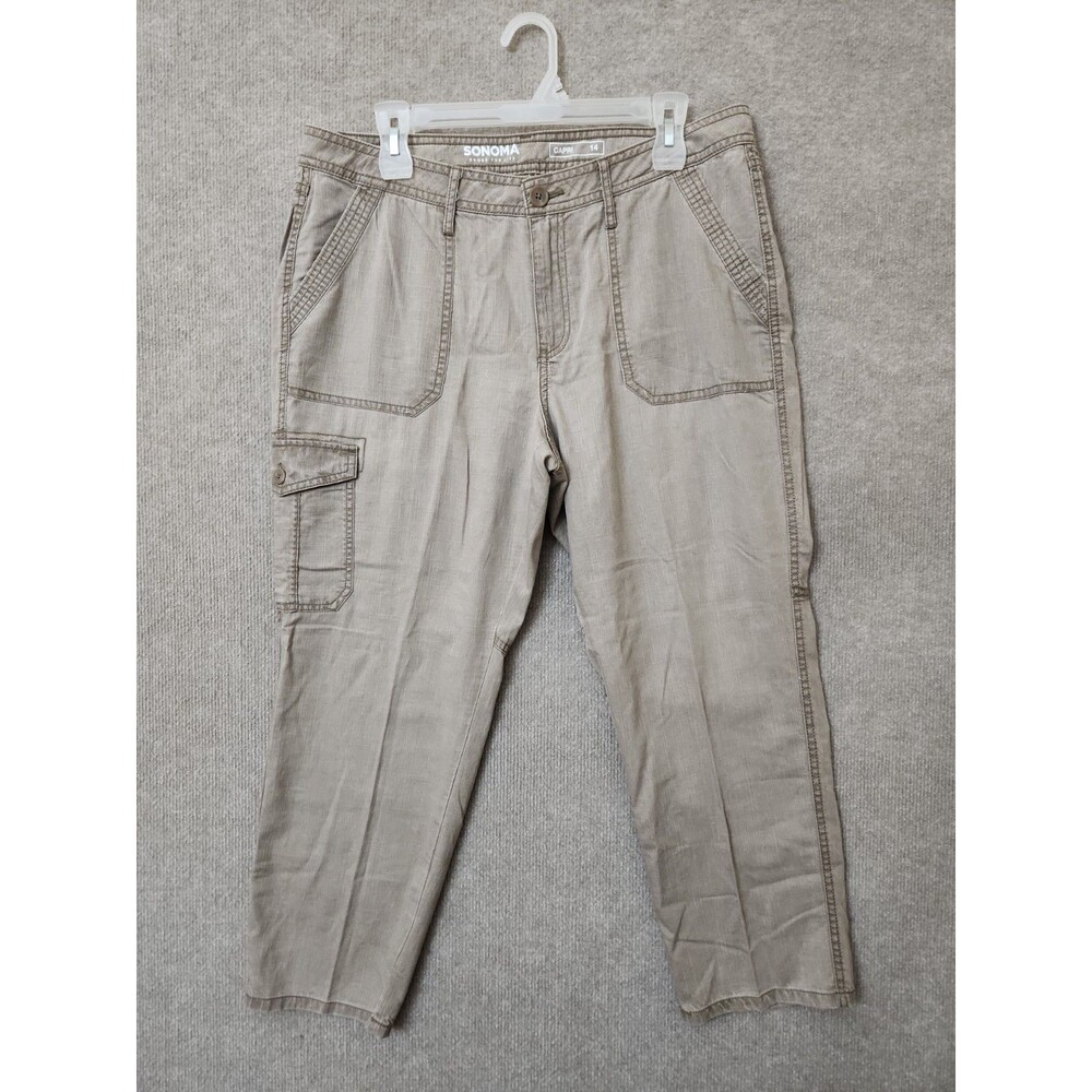 SONOMA Cargo Capri Pants Womens 14 Washed Brown Flap Pockets Utility NWOT